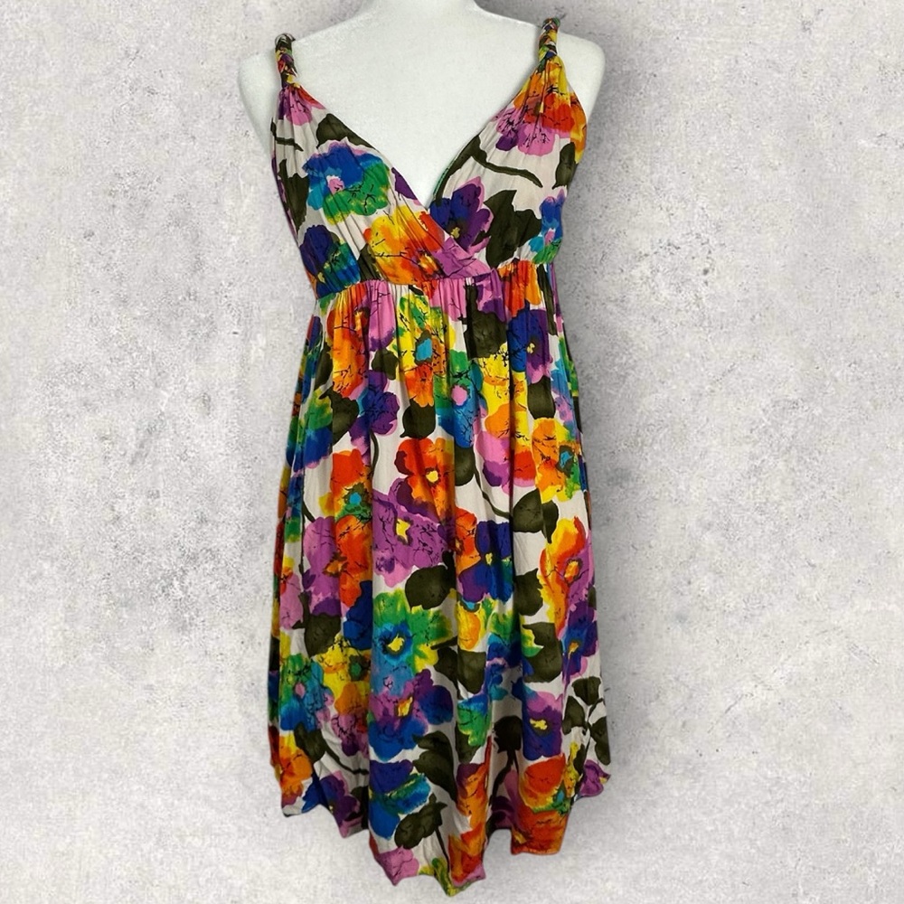 Vintage Floral Babydoll Y2K Mini Dress Womens Size Medium Braided Straps‎ V-Neck